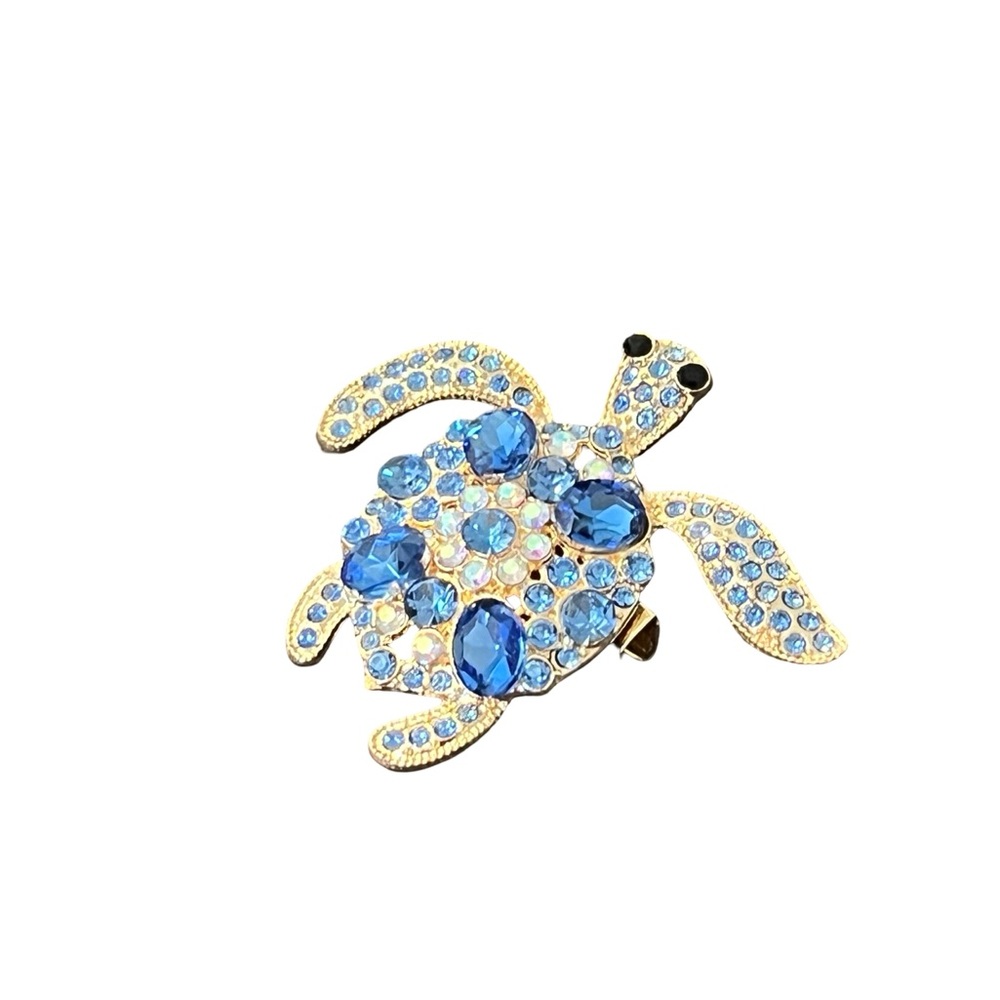Gold Turtle Brooch with Blue Rhinestones - Picture 3 of 4